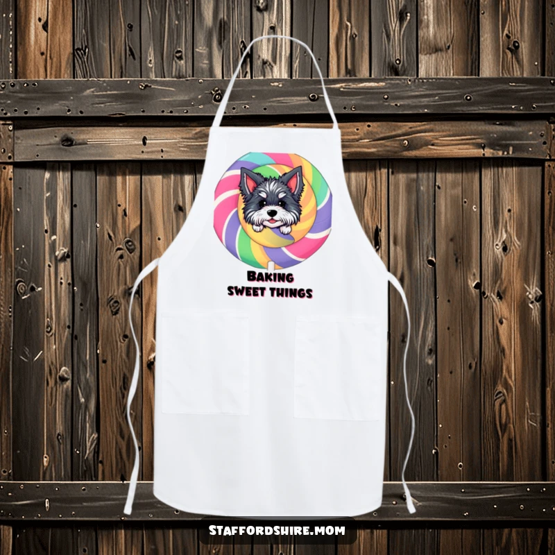 Funny Staffordshire Lollipop Apron: Features a character peeking from behind a giant colorful lollipop, ready for sweet kitchen tasks.