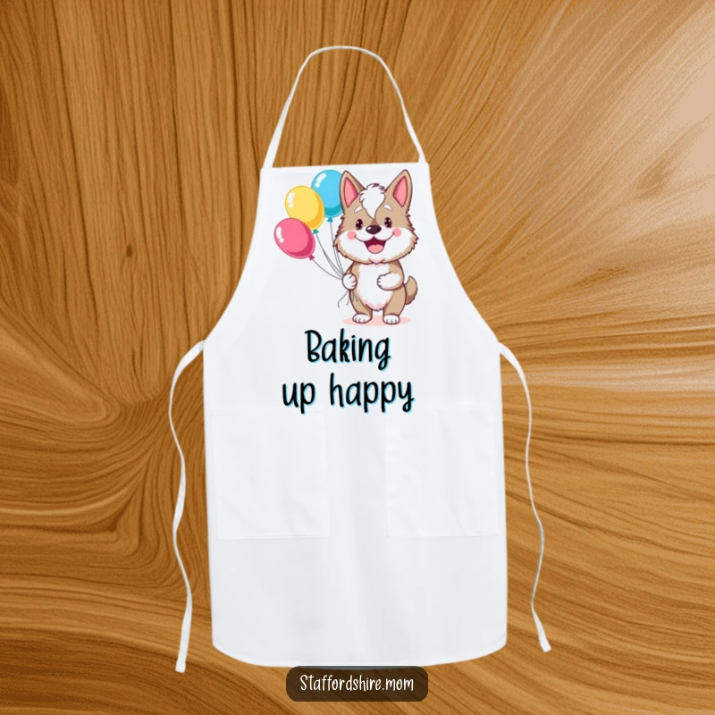 Funny Staffordshire apron showing a dog grinning widely while holding balloons, perfect for cheerful cooking and baking.