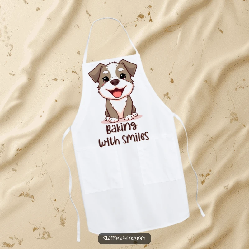 Funny Kawaii Staffordshire Dog Apron showcasing a cute, smiling dog with a wide, happy doggy grin, ideal for cooking.