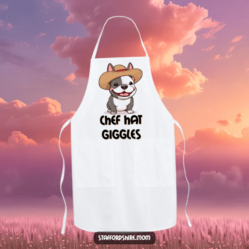 Funny Staffordshire bull terrier apron showing a dog wearing a silly, oversized hat and giggling with pure delight while cooking.