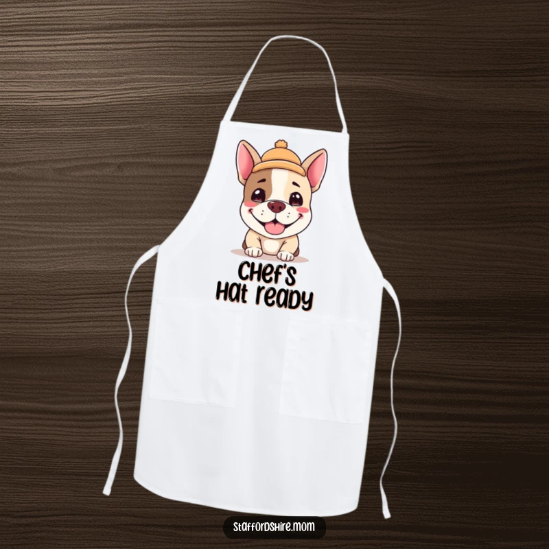 Funny Kawaii Staffordshire terrier apron, an adorable dog with a silly grin and a tiny hat, ideal for cooking and as a funny gift.