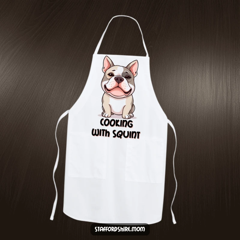 Funny Staffy apron showing a Staffordshire Bull Terrier with crossed eyes, ready for kitchen duty.