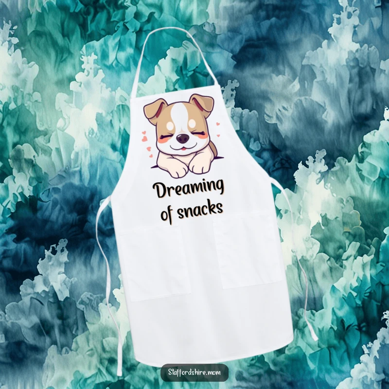 Funny sleepy Staffordshire dog apron, smiling with closed eyes, peaceful and humorous kitchen wear.