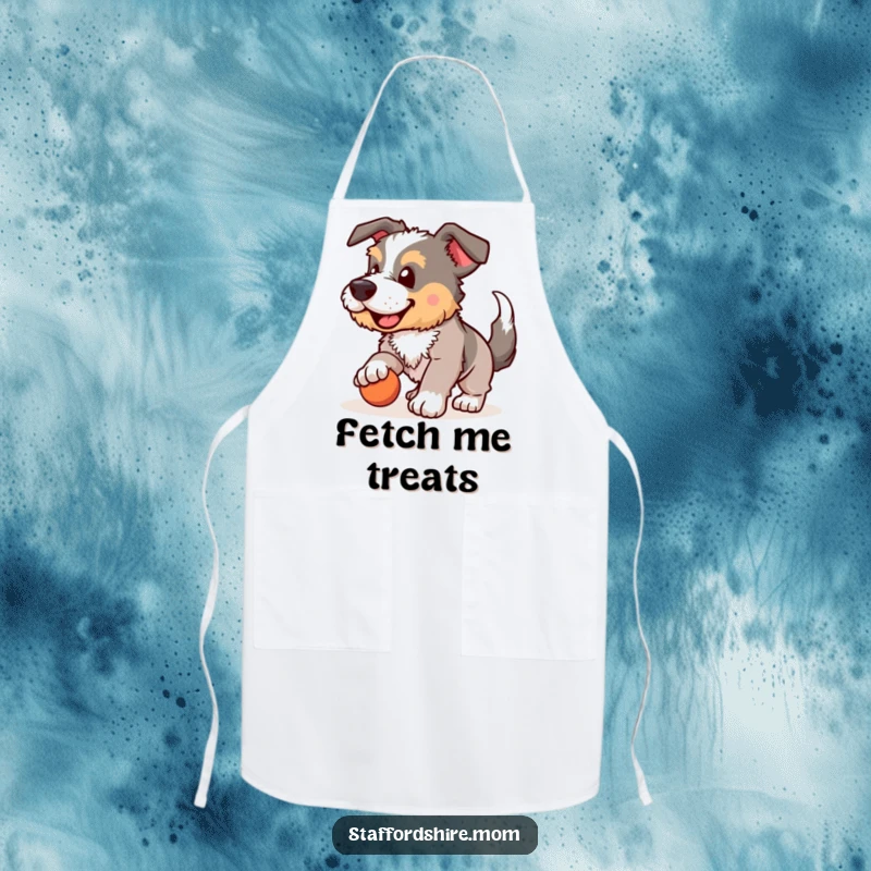 Funny Staffordshire apron, dog playing fetch, wagging tail, humorous kitchen wear, chef accessory, excellent funny gift.