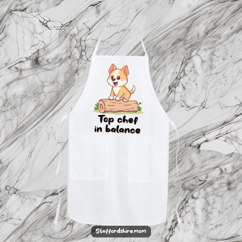 Funny Dog Apron: A stocky dog with an eager expression attempts to balance on a small log, bringing humor to the kitchen.