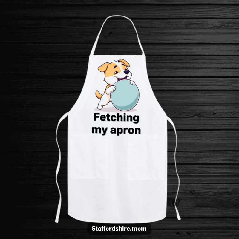 Funny Dog Apron: A sturdy dog with a strong build joyfully fetching a large toy, bringing fun to the kitchen.