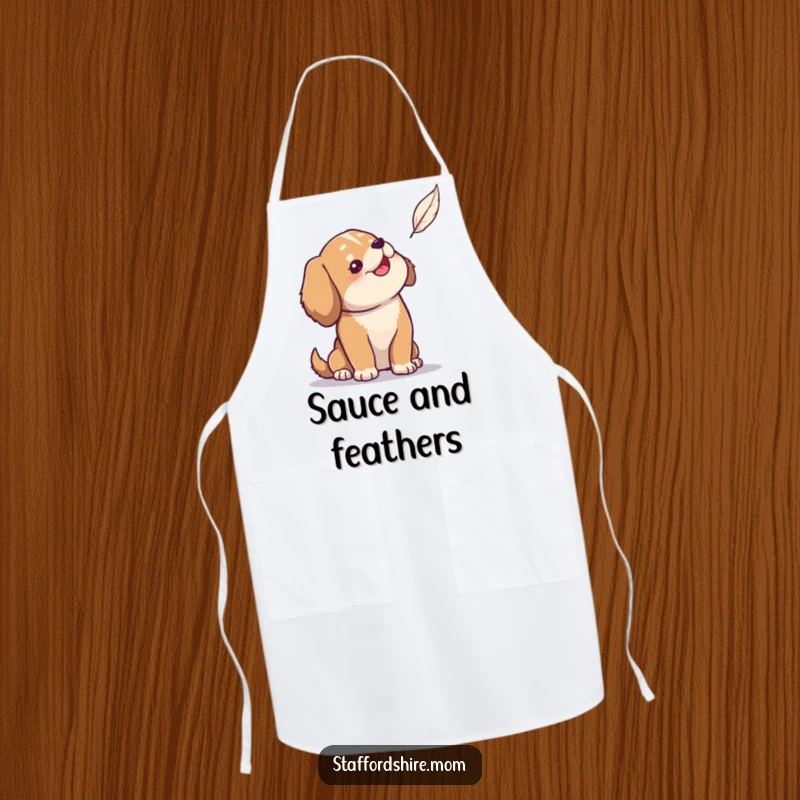 Funny apron showing a solid build dog looking up with playful amusement at a delicate feather.