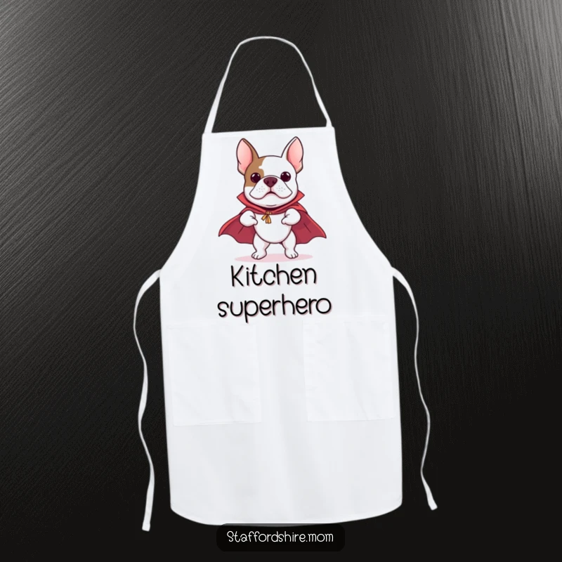 Funny Staffordshire Bull Terrier apron featuring a dog in a cape, comically pretending to fly while cooking, merging kitchen duty with heroism.