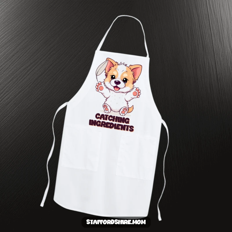 Funny Staffordshire Feather Apron: Features a dog with paws outstretched catching a floating feather, bringing serene style to cooking.