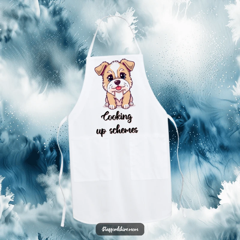 Funny Kawaii Staffordshire dog apron, designed for kitchen fun, featuring a dog with a mischievous twinkle, ideal for cooking enthusiasts.