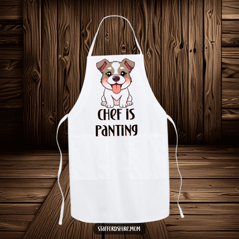 Funny Kawaii Staffordshire Dog Apron showcasing a cute dog with a silly, happy expression and panting tongue out, kitchen humor.