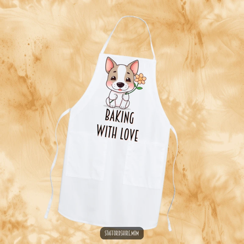 Funny, kawaii Staffordshire terrier offering a flower with a gentle smile, a sweet and humorous design for this kitchen apron.