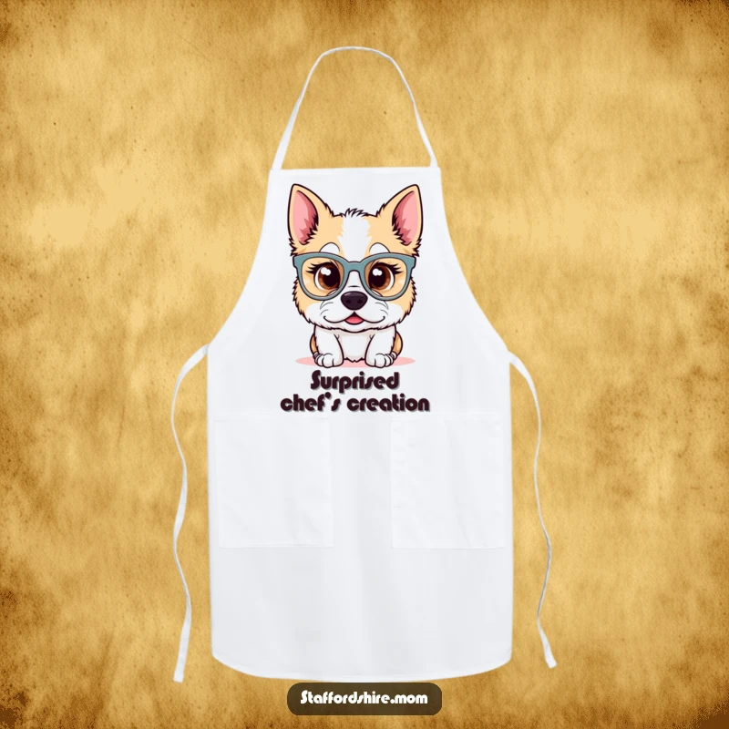 Funny Kawaii Staffordshire dog apron featuring a surprised pup wearing oversized glasses. Cute and practical, a great funny gift for chefs.