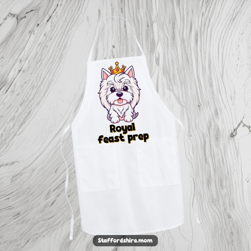 Funny Royal Staffy apron showing a dog wearing a crown, perfect for a regal cook.