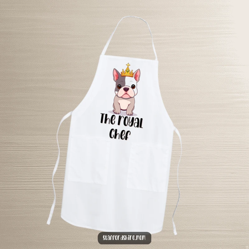 Funny Royal Staffy apron showing a Staffordshire Bull Terrier wearing a crown and posing in the kitchen.