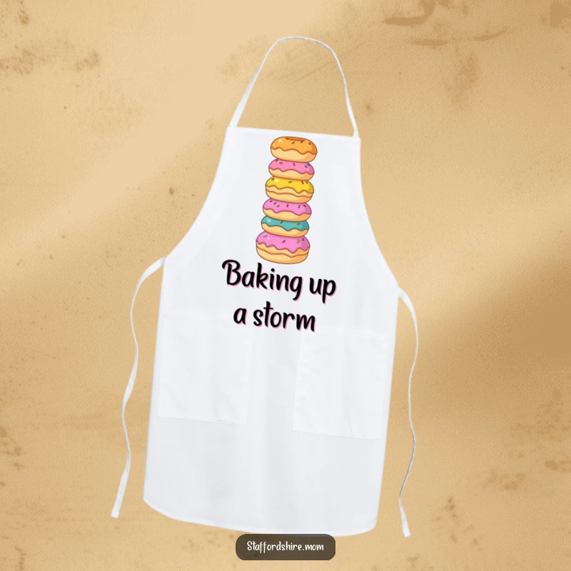 Funny Staffordshire apron, a dog balances donuts, bringing sweet vibes and sugary fun to cooking.