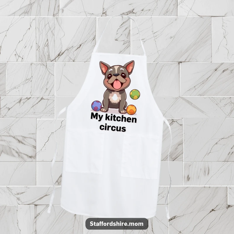 Funny Staffordshire terrier apron, a dog juggling balls with focused amusement, ideal for cooking and as a funny gift.