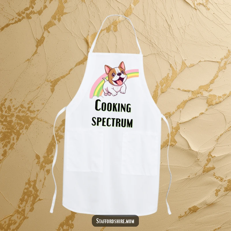Funny Staffordshire bull terrier apron showing a dog sliding down a vibrant rainbow with an expression of pure exhilaration while cooking.