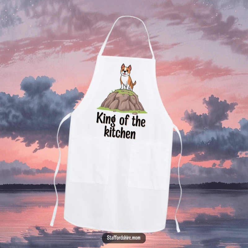 Funny Apron showing a brave Staffordshire dog standing on a small hill, ready to tackle any kitchen challenge with a funny, determined look.