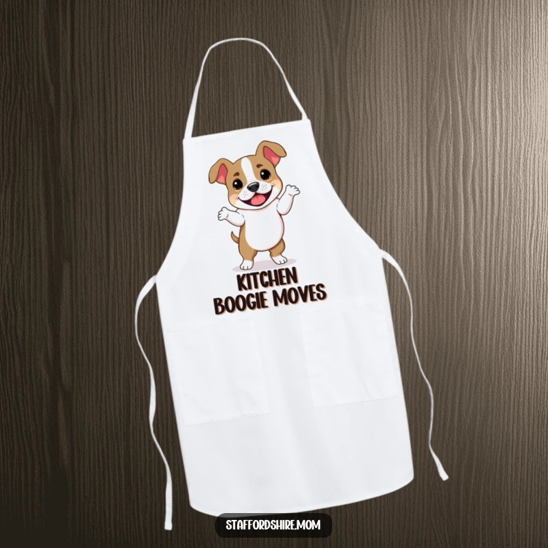 Funny Staffordshire Bull Terrier apron showing a dog dancing merrily while cooking, adding a humorous and protective touch to the kitchen.