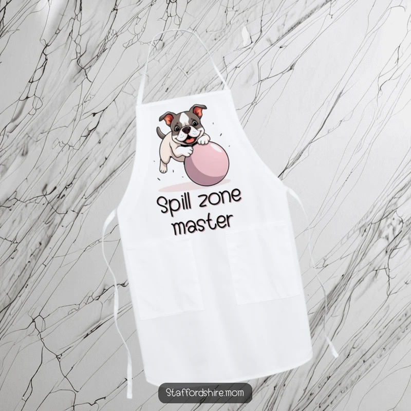 Funny Staffordshire Bull Terrier apron featuring a dog hilariously tripping over a large ball, a humorous and practical kitchen accessory.