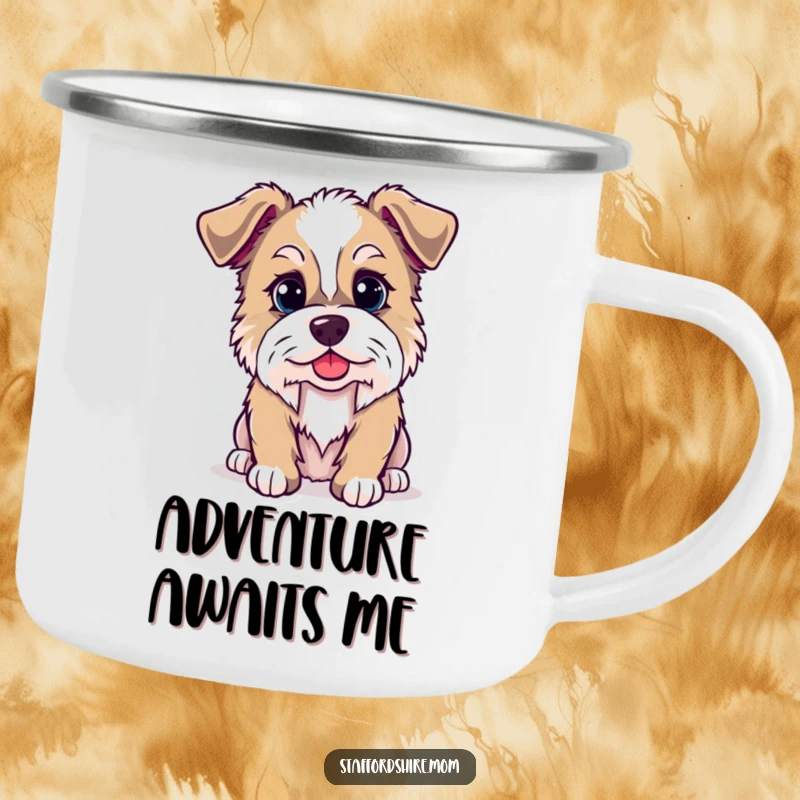 Funny Kawaii Staffordshire dog camping mug, rugged and portable, showing a dog with a mischievous twinkle, ideal for outdoor enthusiasts.