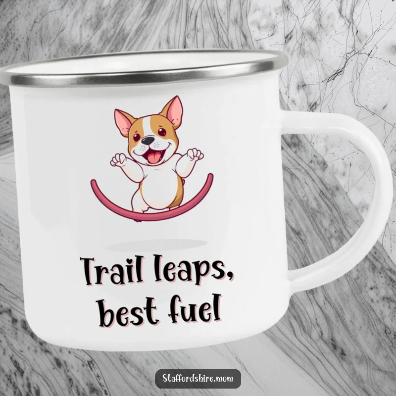 Funny Staffordshire Bull Terrier camping mug showing an agile dog jumping through a hoop, ideal for outdoor enthusiasts.