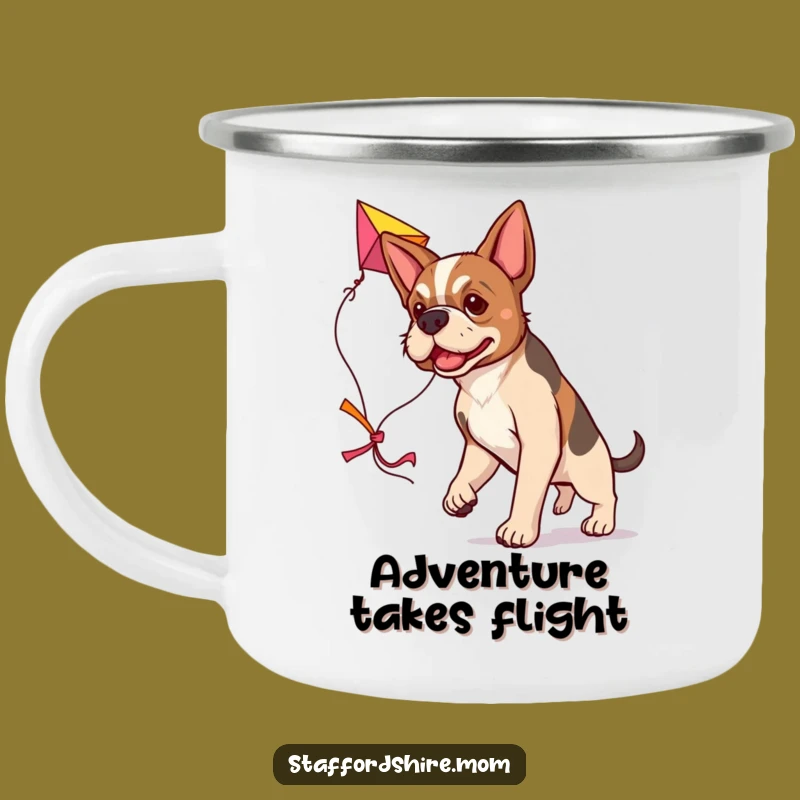 Funny Determined Staffy Camping Mug, Kite-Flying Dog Cup, Ambitious Outdoor Gift