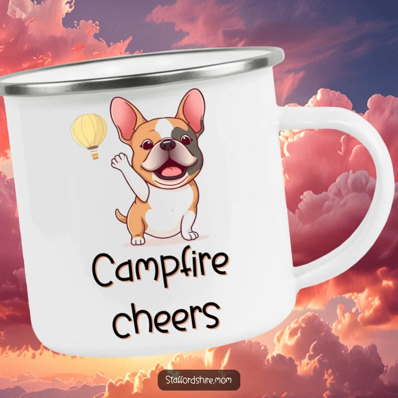 Funny Staffordshire bull terrier camping mug depicting an excited dog energetically waving at a hot air balloon.