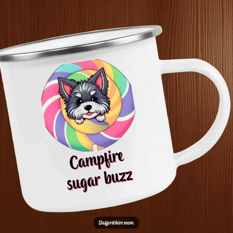 Funny Staffordshire Lollipop Camping Mug: A durable mug featuring a character peeking from behind a giant lollipop, perfect for outdoor fun.