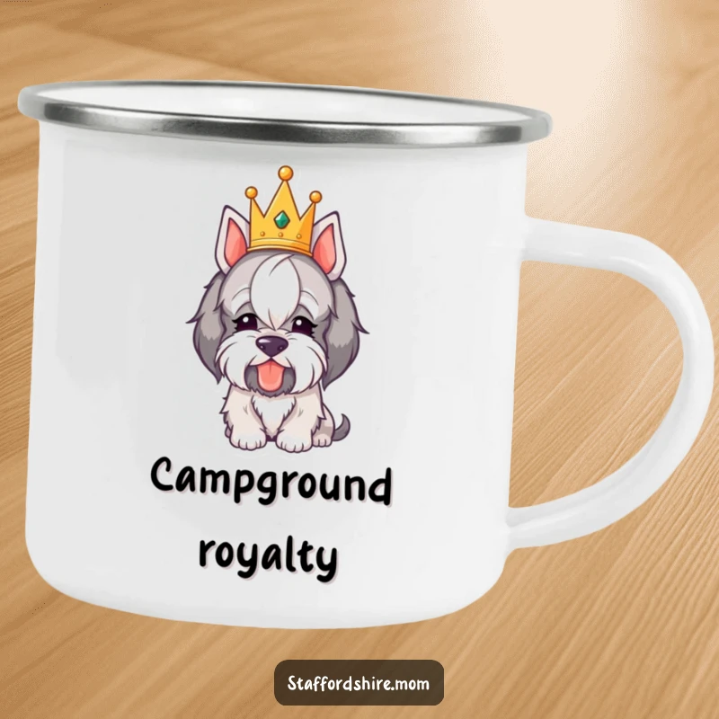 Funny Royal Staffordshire Camping Mug: A durable mug featuring a crowned dog humorously bowing its head, ready for any quest.