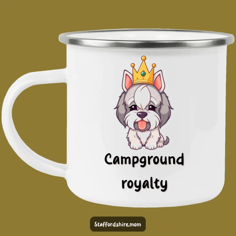 Funny Royal Staffordshire Camping Mug - Crowned Dog Bowing, Regal Adventures!