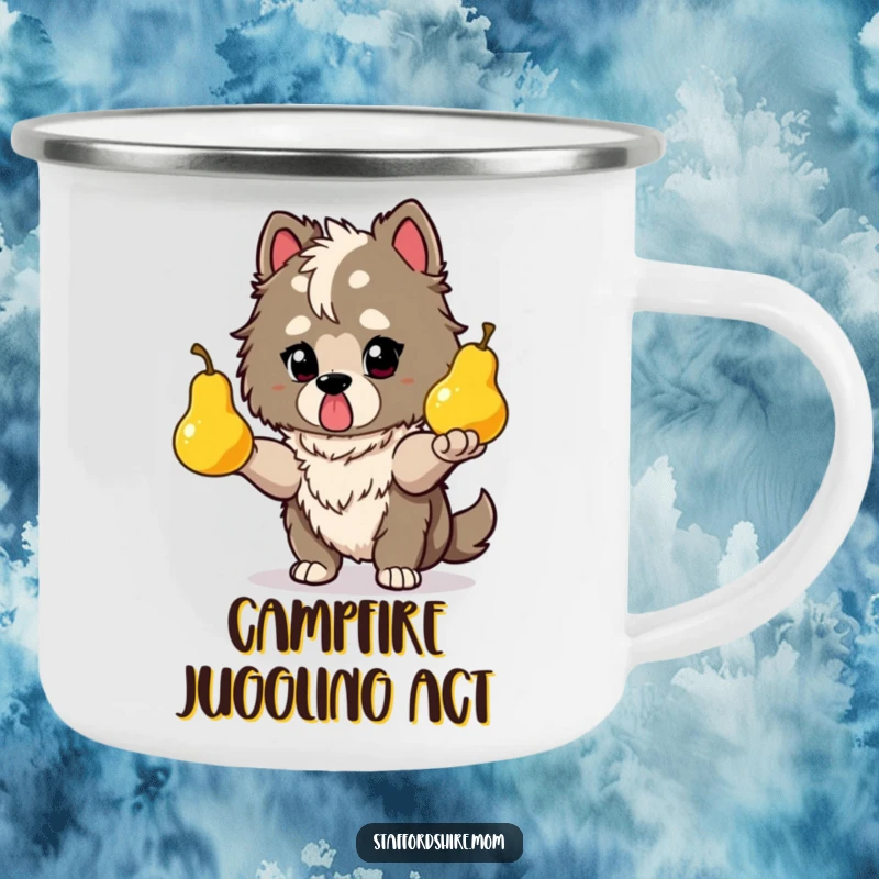 Funny Staffy camping mug showing a determined dog juggling glowing pears, durable and inspiring focus.
