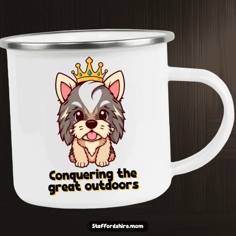 Funny Staffy camping mug showing a proud dog wearing a crown, durable and inspiring regal adventures.