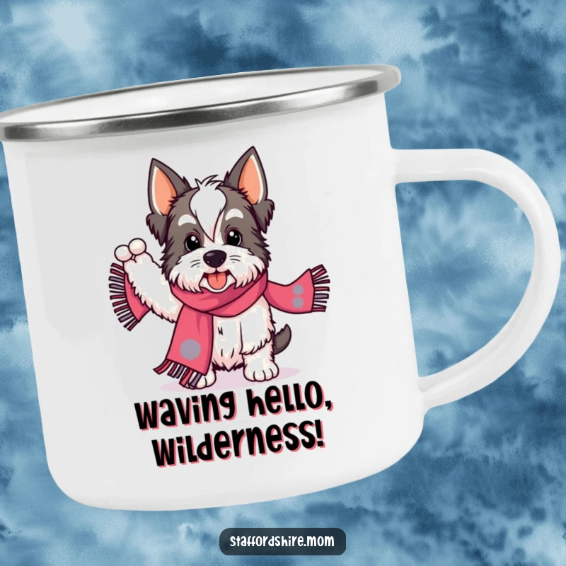 Funny Staffordshire camping mug with a dog enthusiastically waving a patterned scarf, perfect for spirited outdoor enthusiasts.