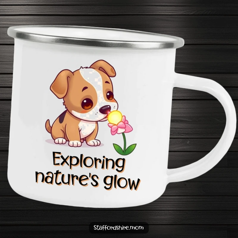 Funny curious Staffordshire dog camping mug, sniffing a glowing flower, whimsical and durable outdoor cup.