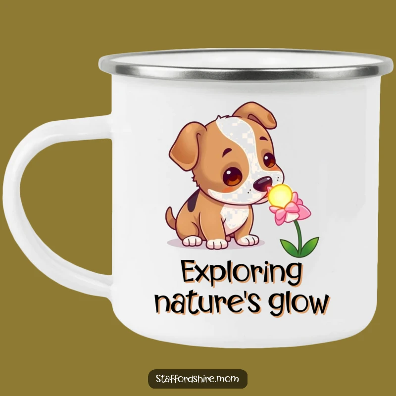 Funny Curious Staffy Camping Mug, Enchanted Dog Flower Cup, Whimsical Outdoor Gift