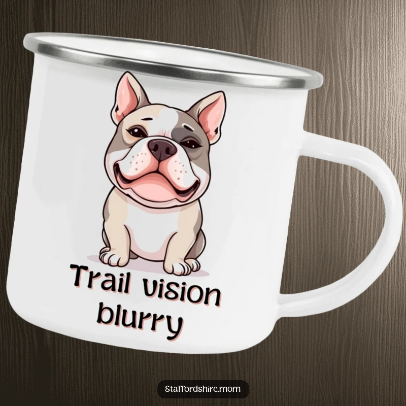 Funny Staffy camping mug depicting a Staffordshire Bull Terrier with crossed eyes, great for outdoor enthusiasts.