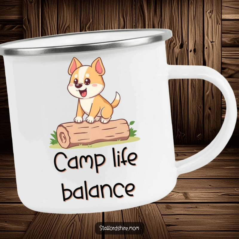 Funny Dog Camping Mug: A stocky dog with an eager expression attempts to balance on a small log, ready for outdoor fun.