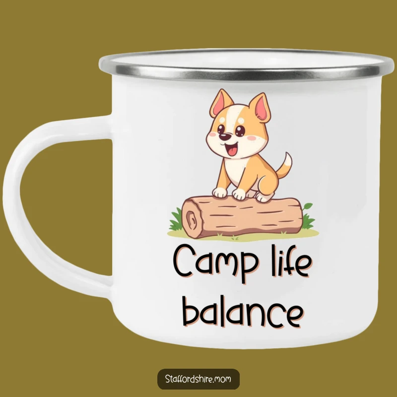 Funny Dog Camping Mug: Stocky Pup Balancing, Outdoor Challenge