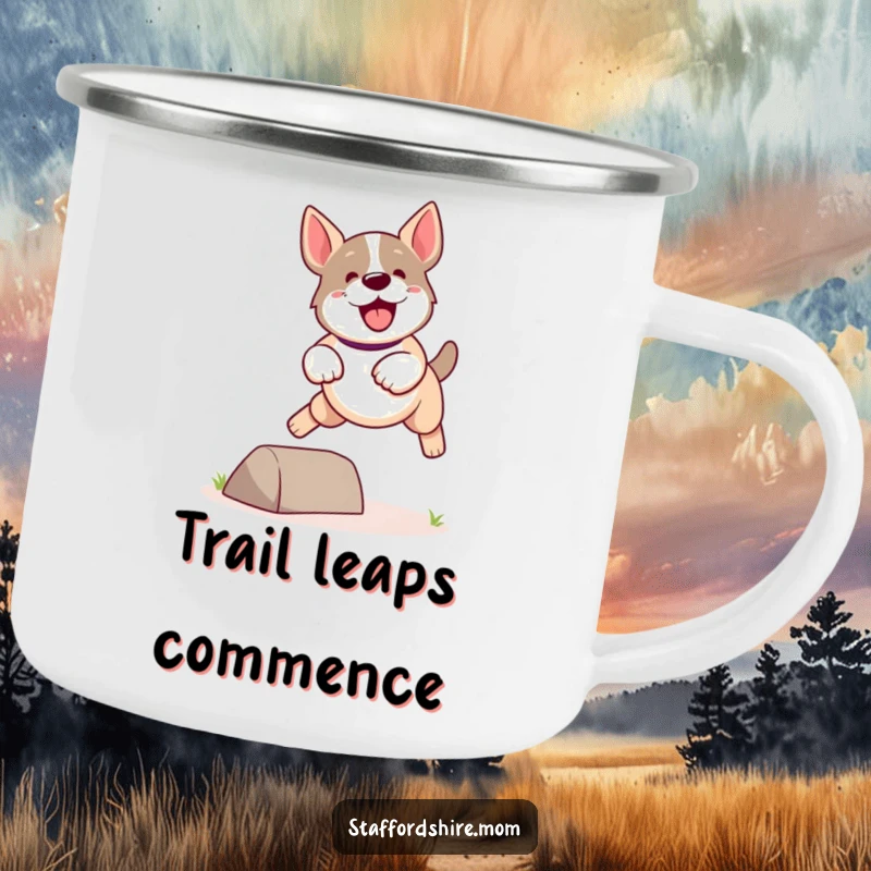Funny Kawaii Staffordshire Dog Camping Mug showing a cute, energetic dog leaping playfully over a small obstacle, durable and fun.