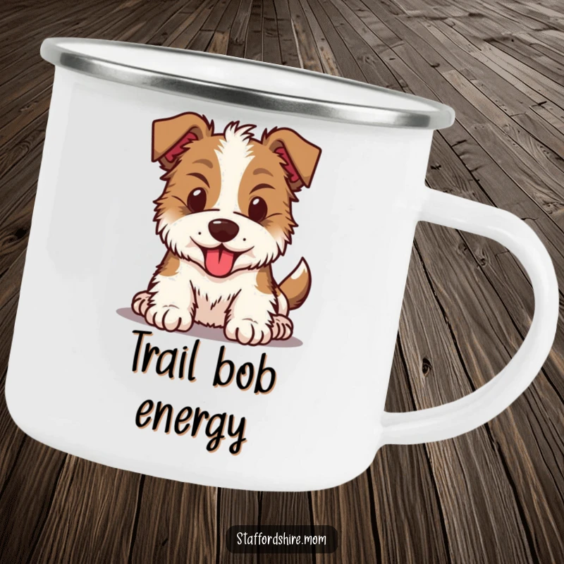 Funny Kawaii Staffordshire dog camping mug featuring an energetic pup with a bouncing head, ready for outdoor enjoyment and warm drinks.