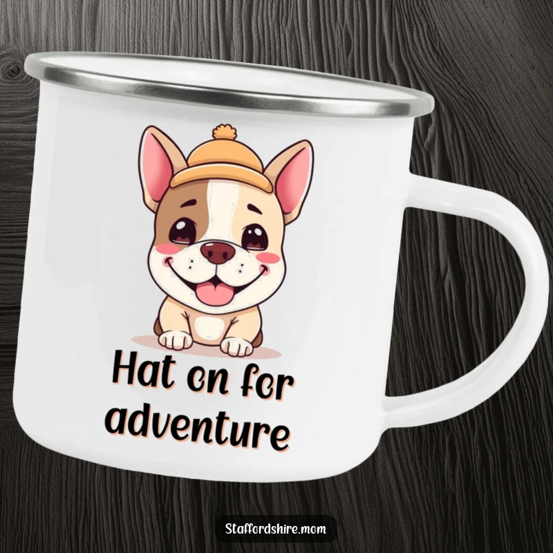 Funny Kawaii Staffordshire terrier camping mug, an adorable dog with a silly grin and a tiny hat, ideal for outdoors and as a funny gift.