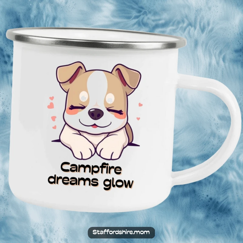 Funny sleepy Staffordshire dog camping mug, smiling with closed eyes, peaceful and durable outdoor cup.