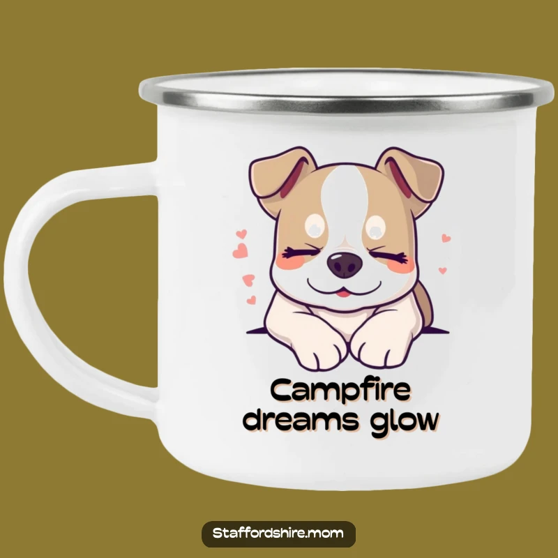 Funny Sleepy Staffy Camping Mug, Dreaming Dog Cup, Peaceful Outdoor Gift