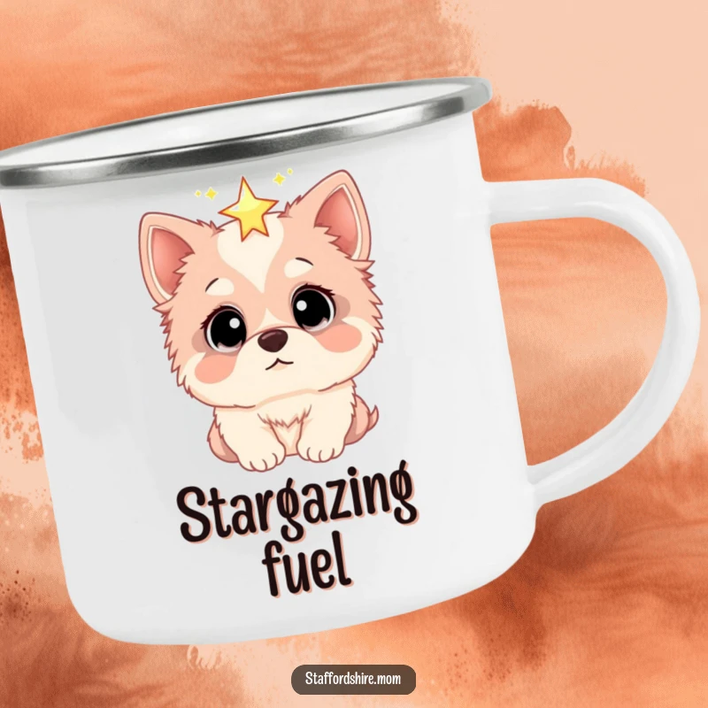 Funny camping mug featuring a Staffordshire dog with wide, curious eyes looking at a sparkling star, ideal for outdoor enthusiasts.