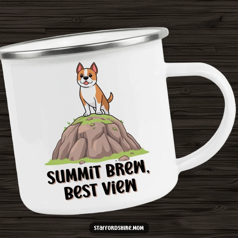 Funny Camping Mug with a brave Staffordshire dog standing on a small hill, designed for outdoor fun and humorous enjoyment.