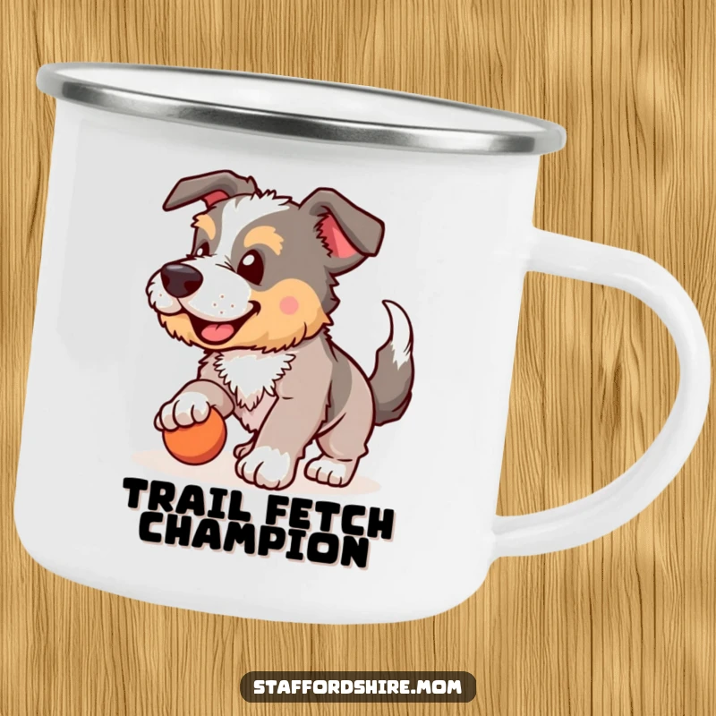 Funny Staffordshire camping mug, dog playing fetch, wagging tail, outdoor gear, humorous drinkware, ideal funny gift.
