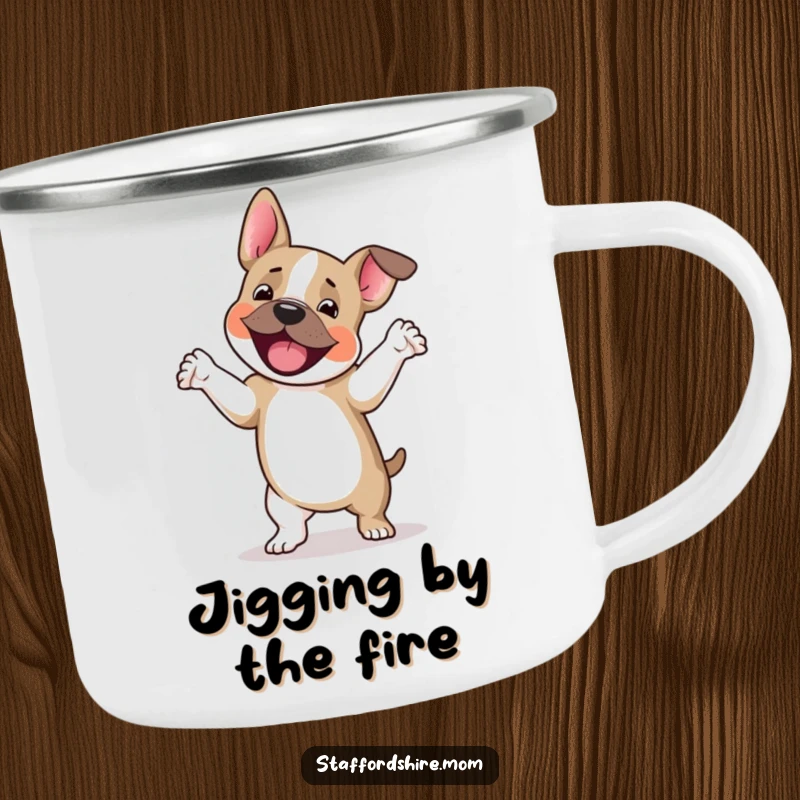 Funny Staffordshire terrier camping mug, a dog happily jigging with paws lifted, ideal for outdoors and as a funny gift.
