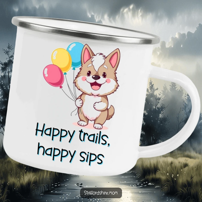 Funny Staffordshire camping mug with a dog grinning and holding balloons, perfect for cheerful sips during adventures.